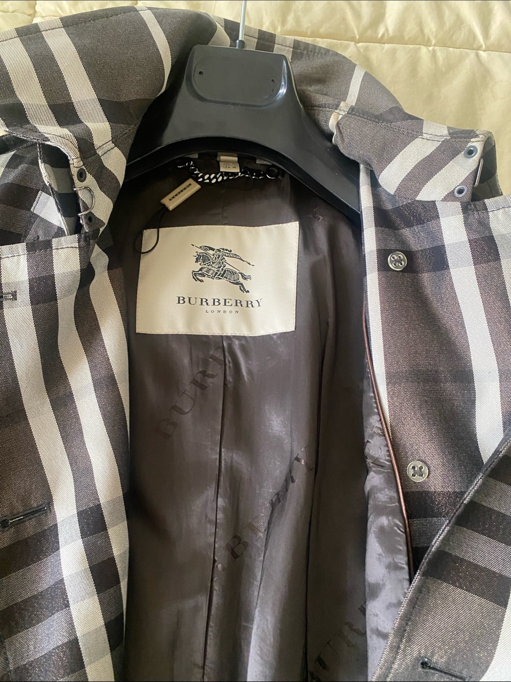 Burberry Black & White Plaid Double-Breasted Trench Coat